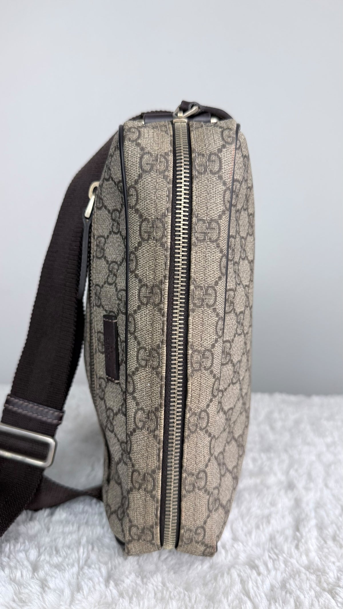 GUCCI Front Zip Messenger GG Coated Canvas Brown