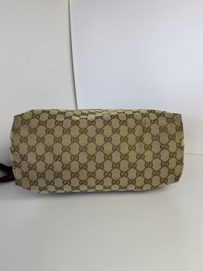 GUCCI Web Flat Messenger Green and Red Stripe Brown