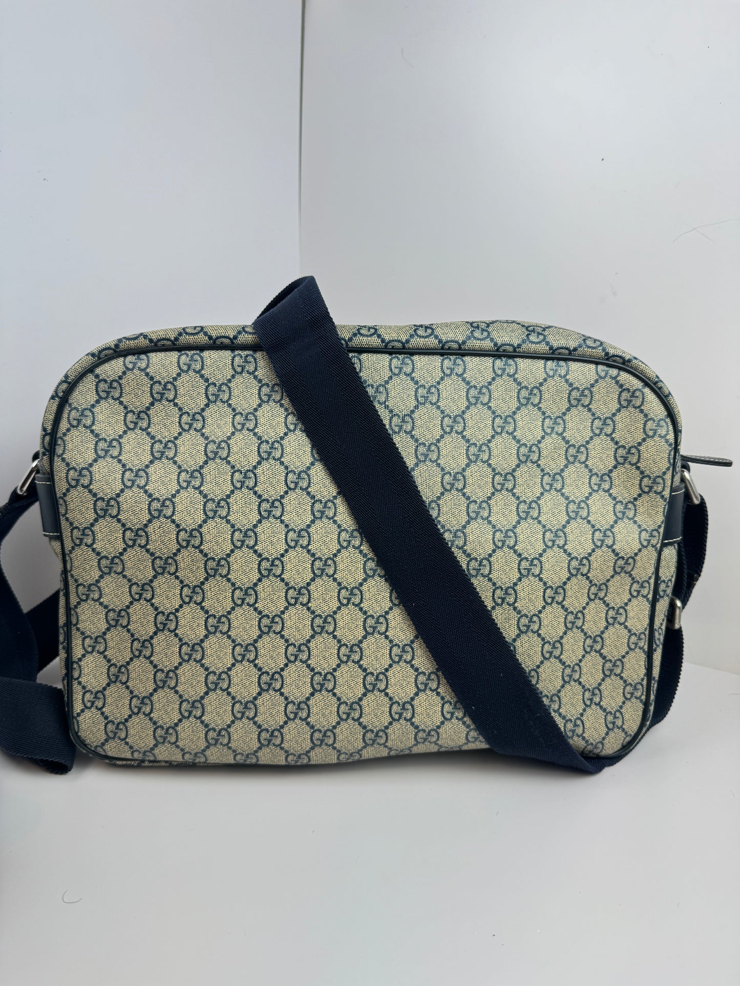 Gucci Large Front Zip Leather Coated Canvas Navy