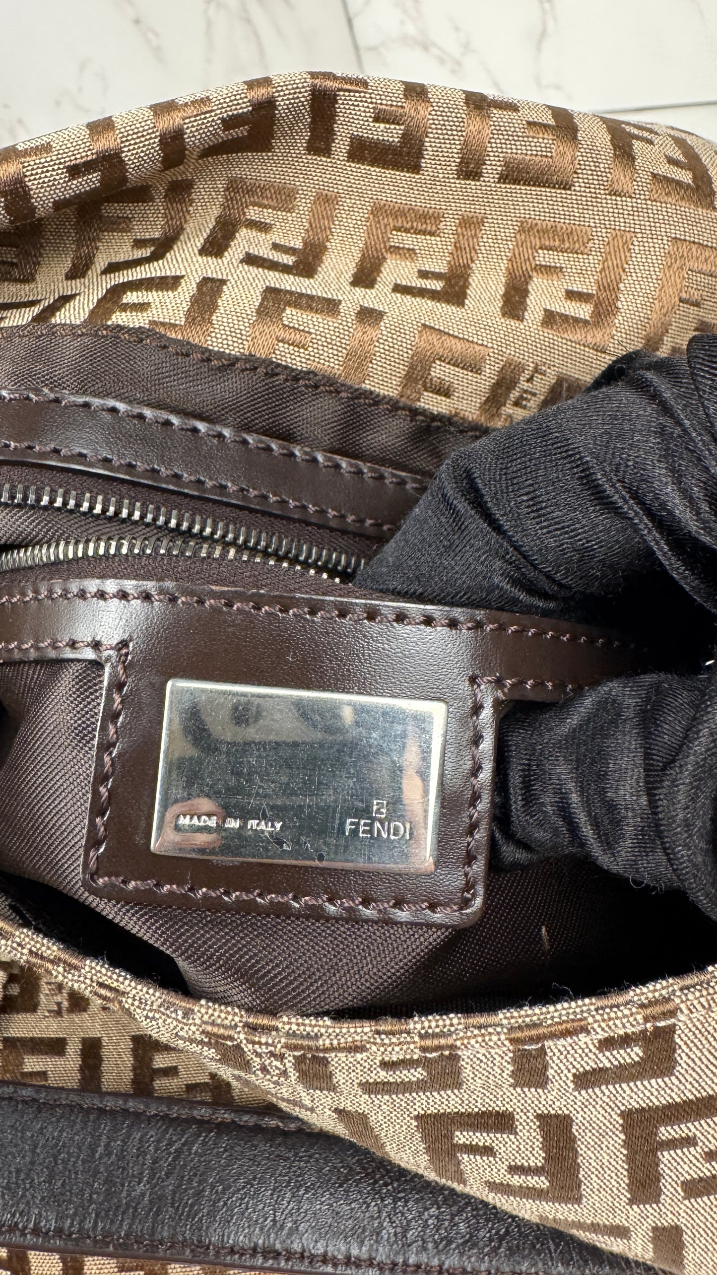 Fendi Mama Baguette Zucca FF Canvas Shoulder Bag Brown