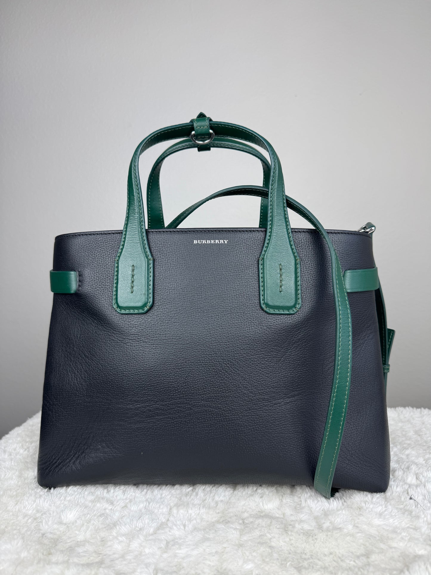 BURBERRY Derby Calfskin House Check Medium Banner Tote Black Sea Green