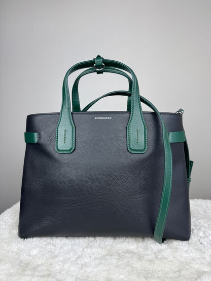 BURBERRY Derby Calfskin House Check Medium Banner Tote Black Sea Green