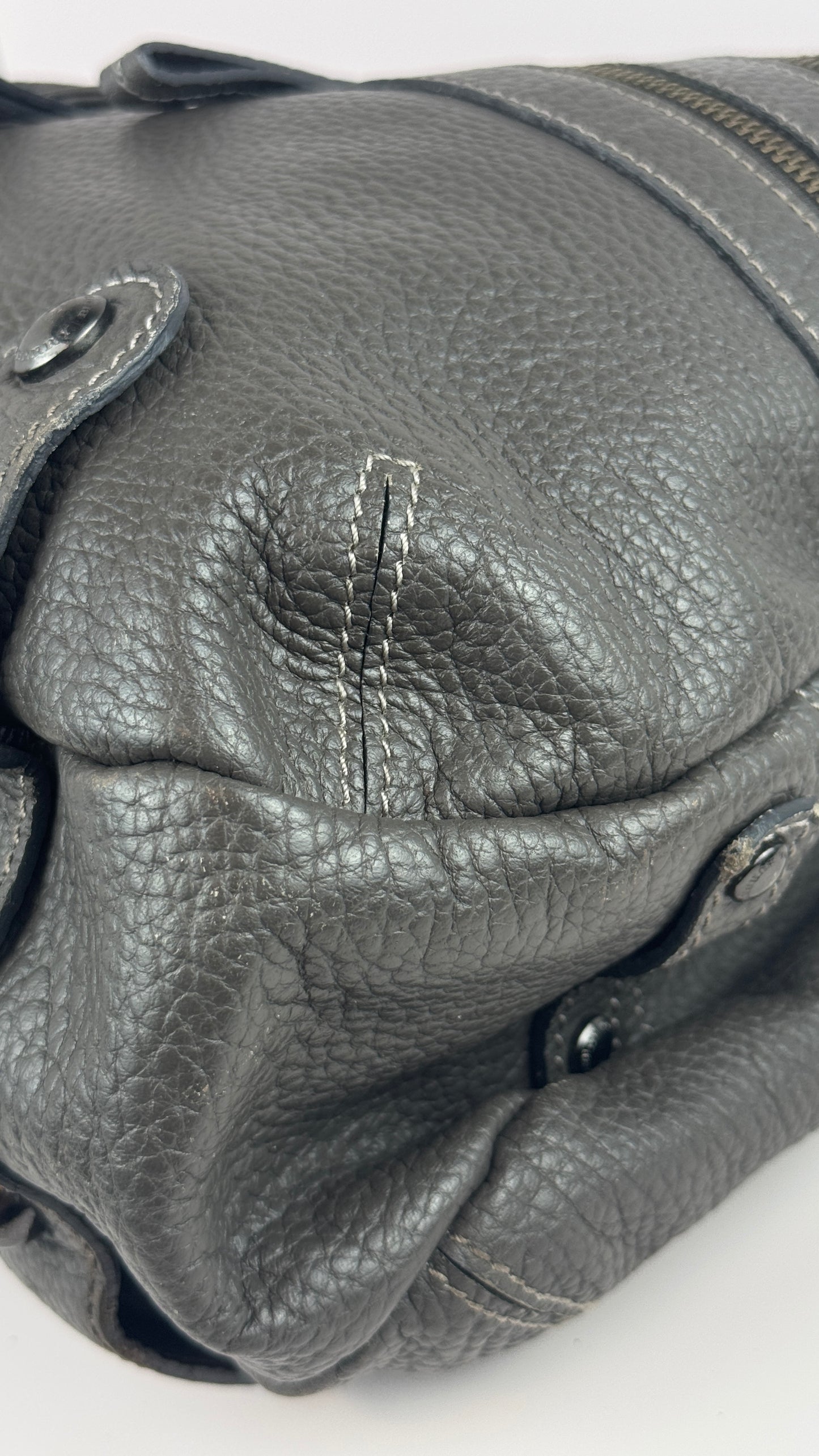 Burberry Bucket Grey Leather With Exterior Zip Pockets