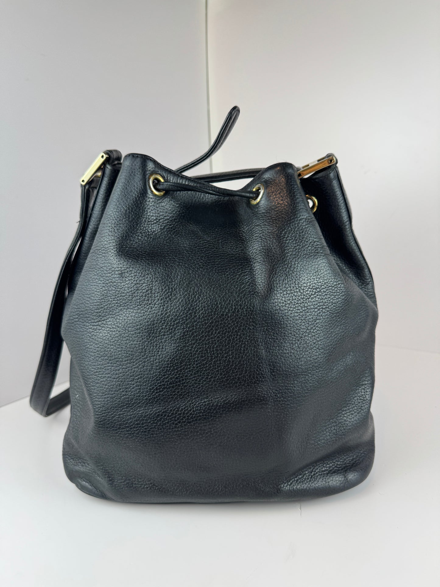 MCM Black Leather Drawstring Bucket bag