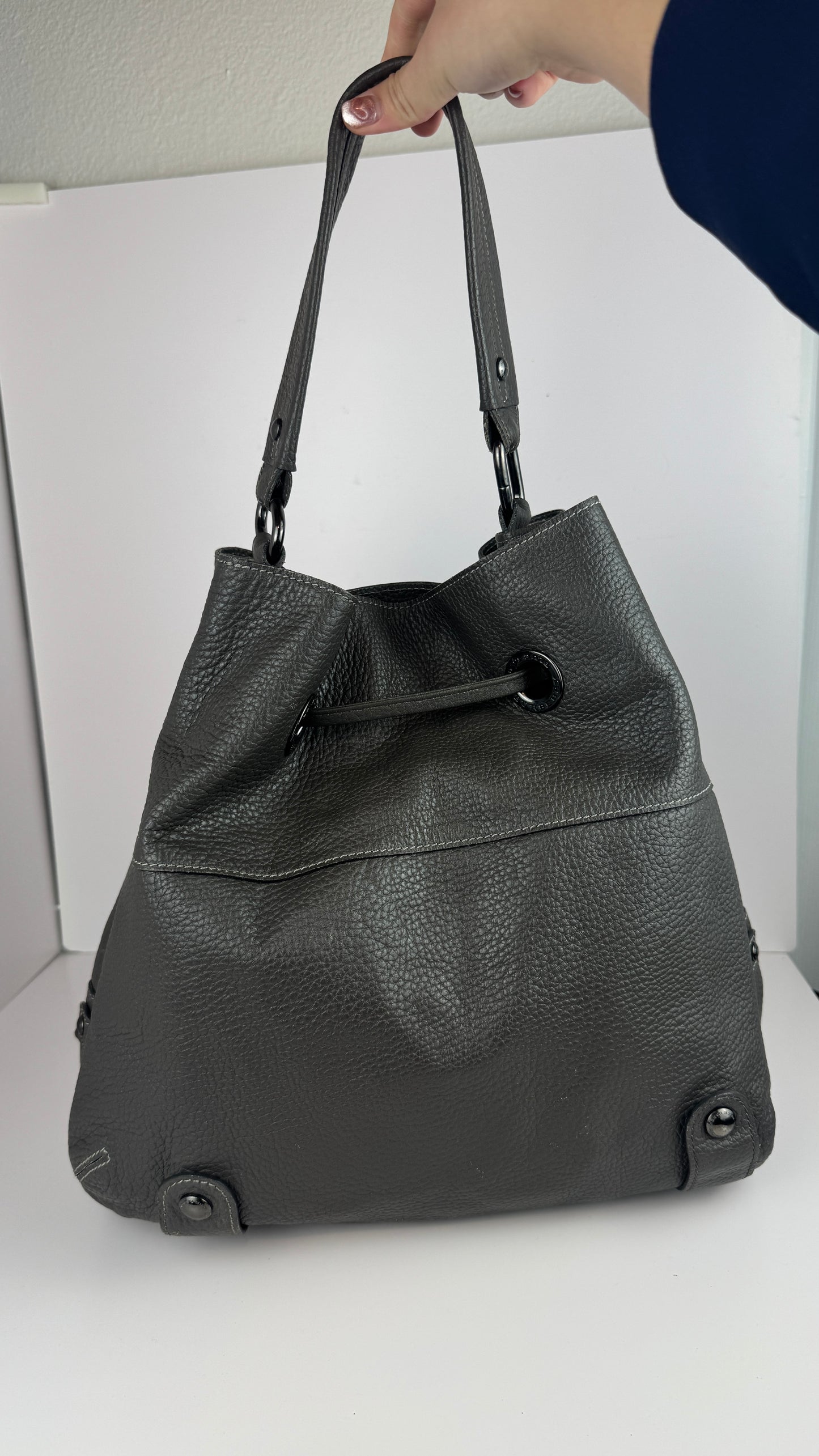 Burberry Bucket Grey Leather With Exterior Zip Pockets