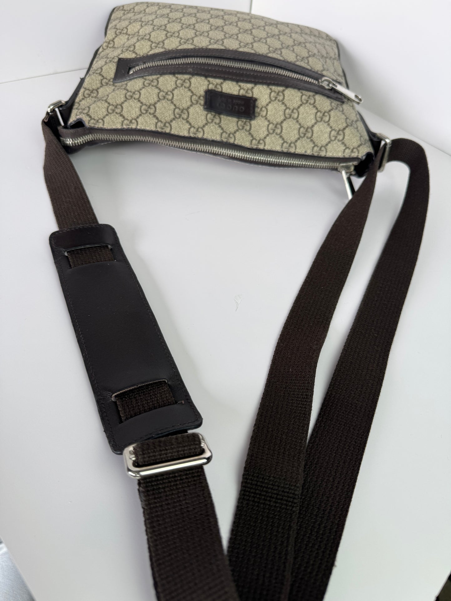 Gucci Front Zip Messenger Dark Brown GG Coated Canvas