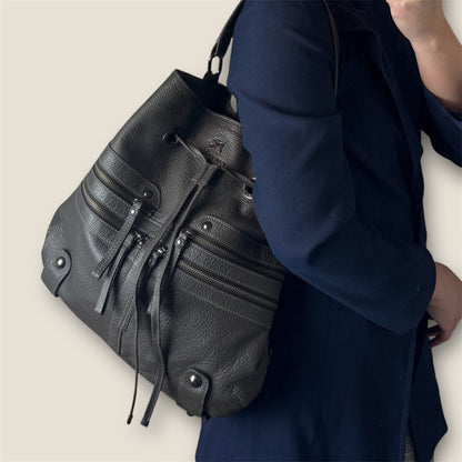 Burberry Bucket Grey Leather With Exterior Zip Pockets