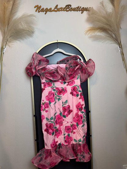 D12👗Pink Floral Organza Ruffle Dress – Pre-Owned (All Sales Final) 🌸✨