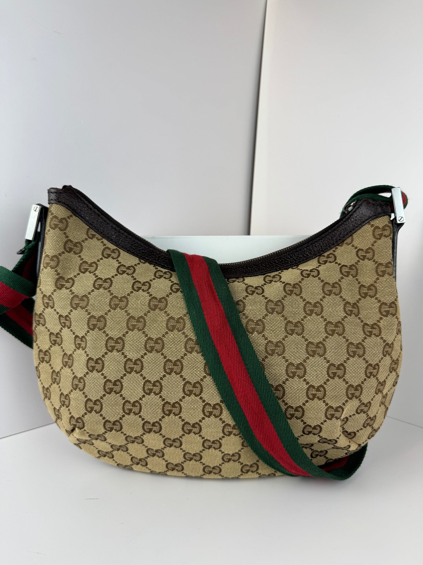 GUCCI Web Stripe Halfmoon GG Canvas Brown