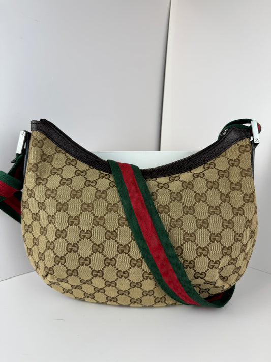 GUCCI Web Stripe Halfmoon GG Canvas Brown
