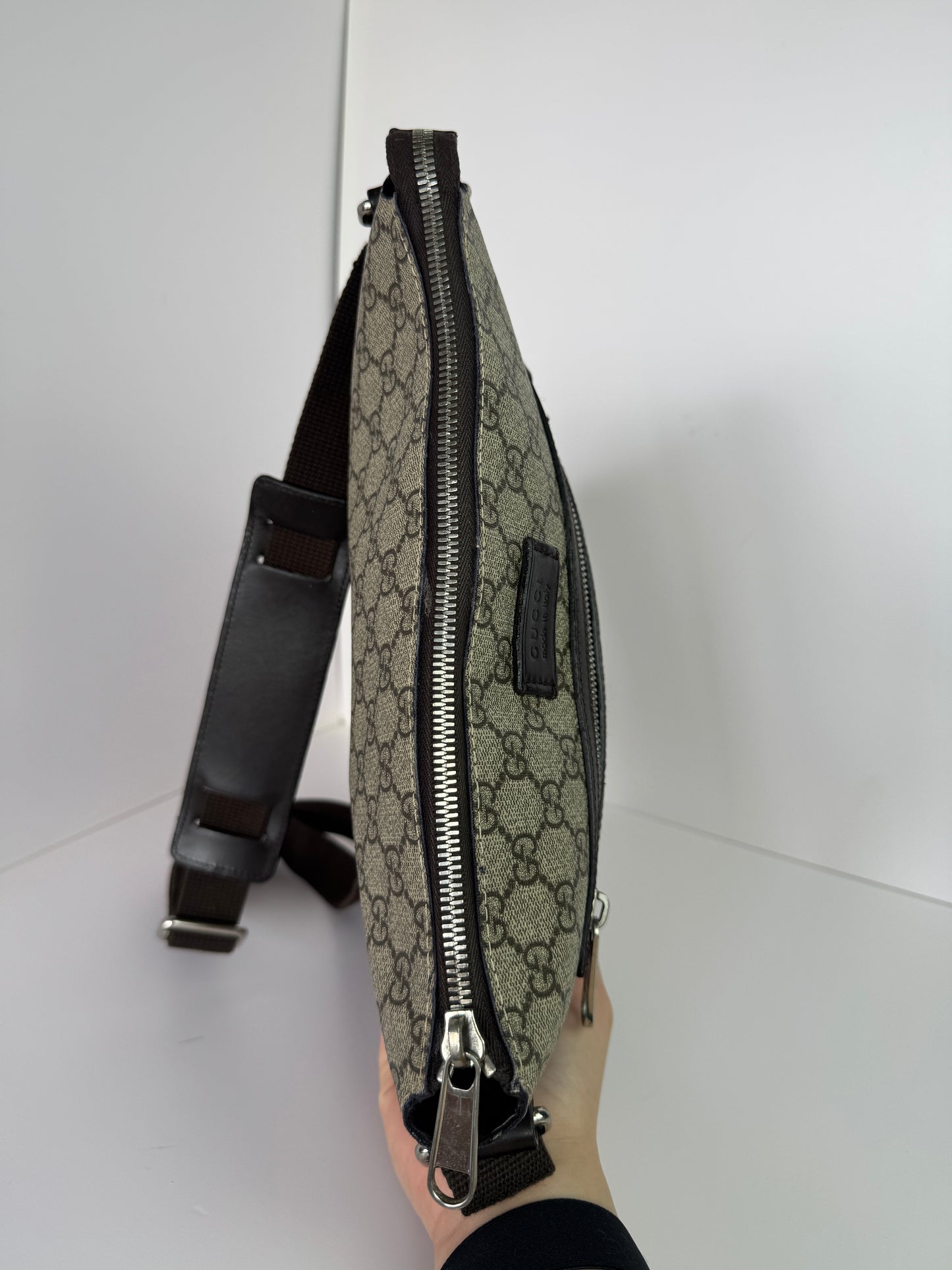 Gucci Front Zip Messenger Dark Brown GG Coated Canvas
