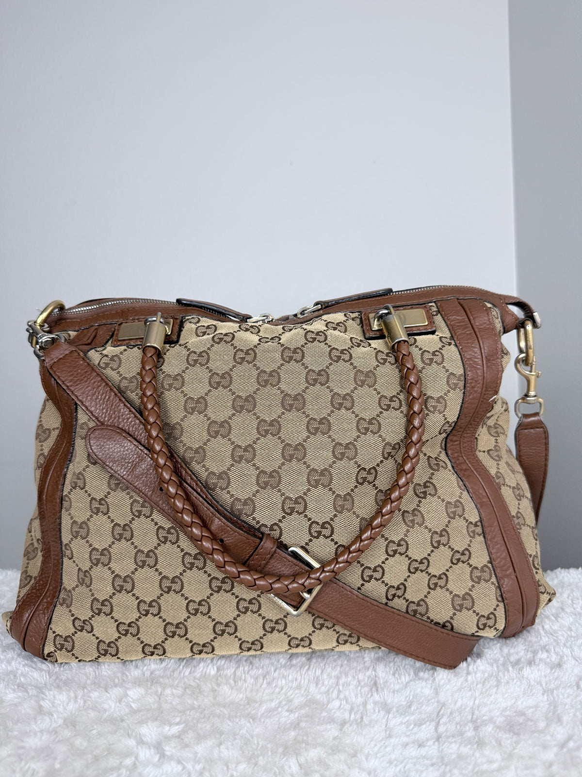 GUCCI Bella GG Canvas Handbag Brown