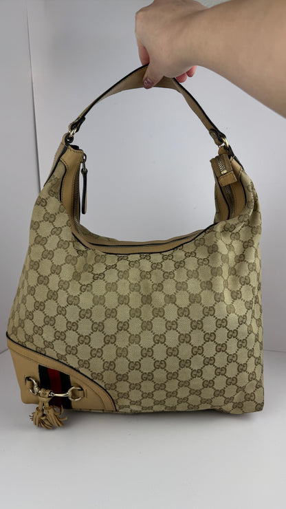 Gucci Beige GG Canvas Horsebit Tassel Hobo