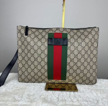 GUCCI Web Wrislet Clutch GG Coated Canvas Black