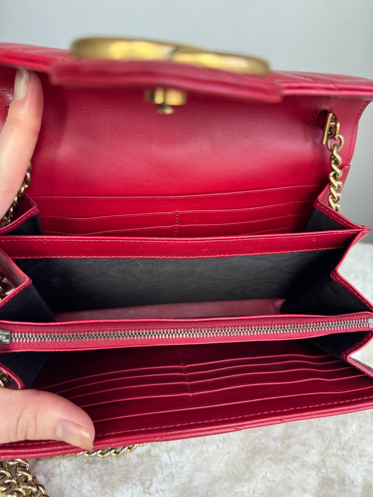GUCCI GG Marmont Chain Wallet Matelasse Leather Red