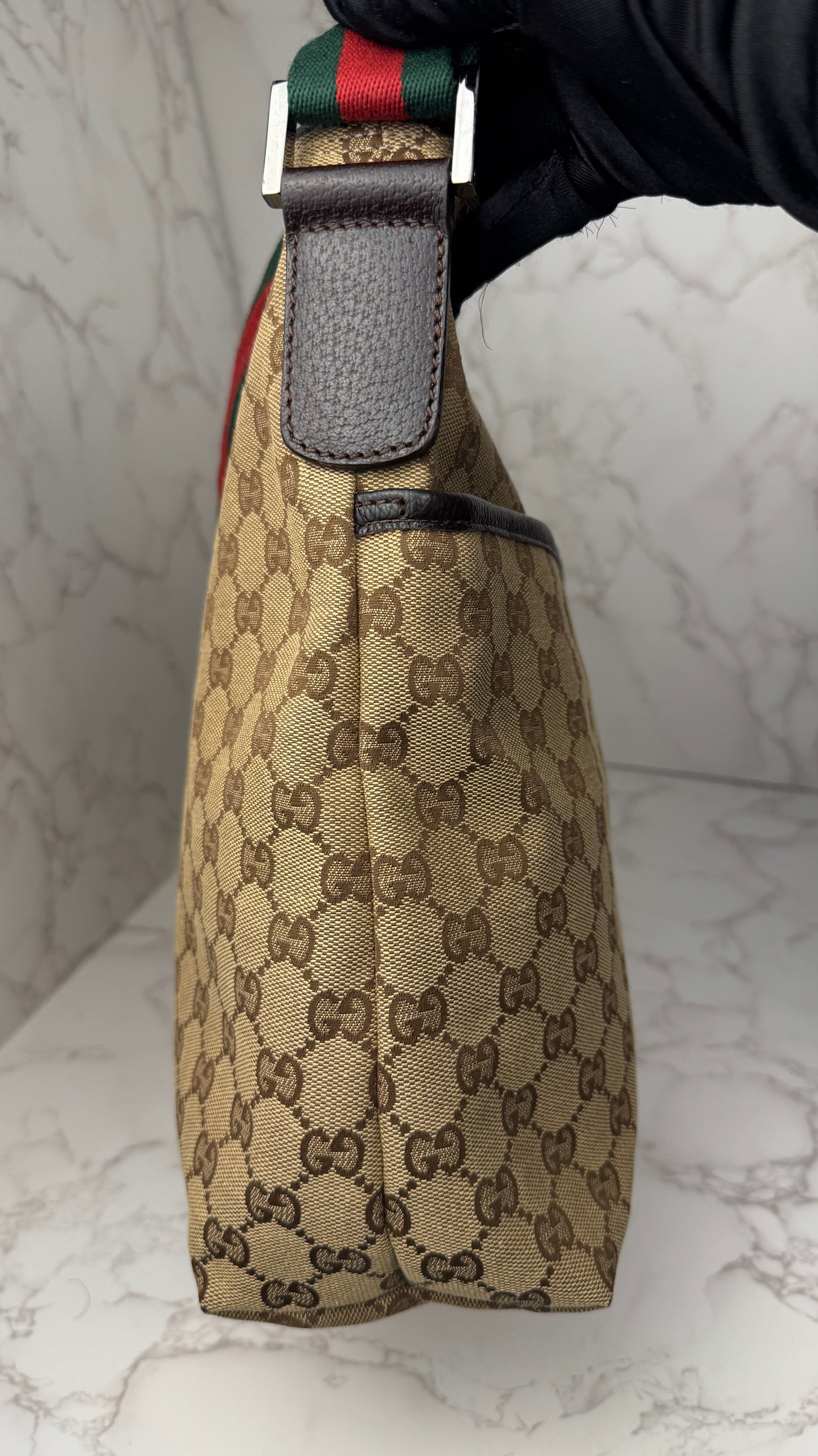 Gucci Flat  Crossbody GG Canvas Web Strap Brown