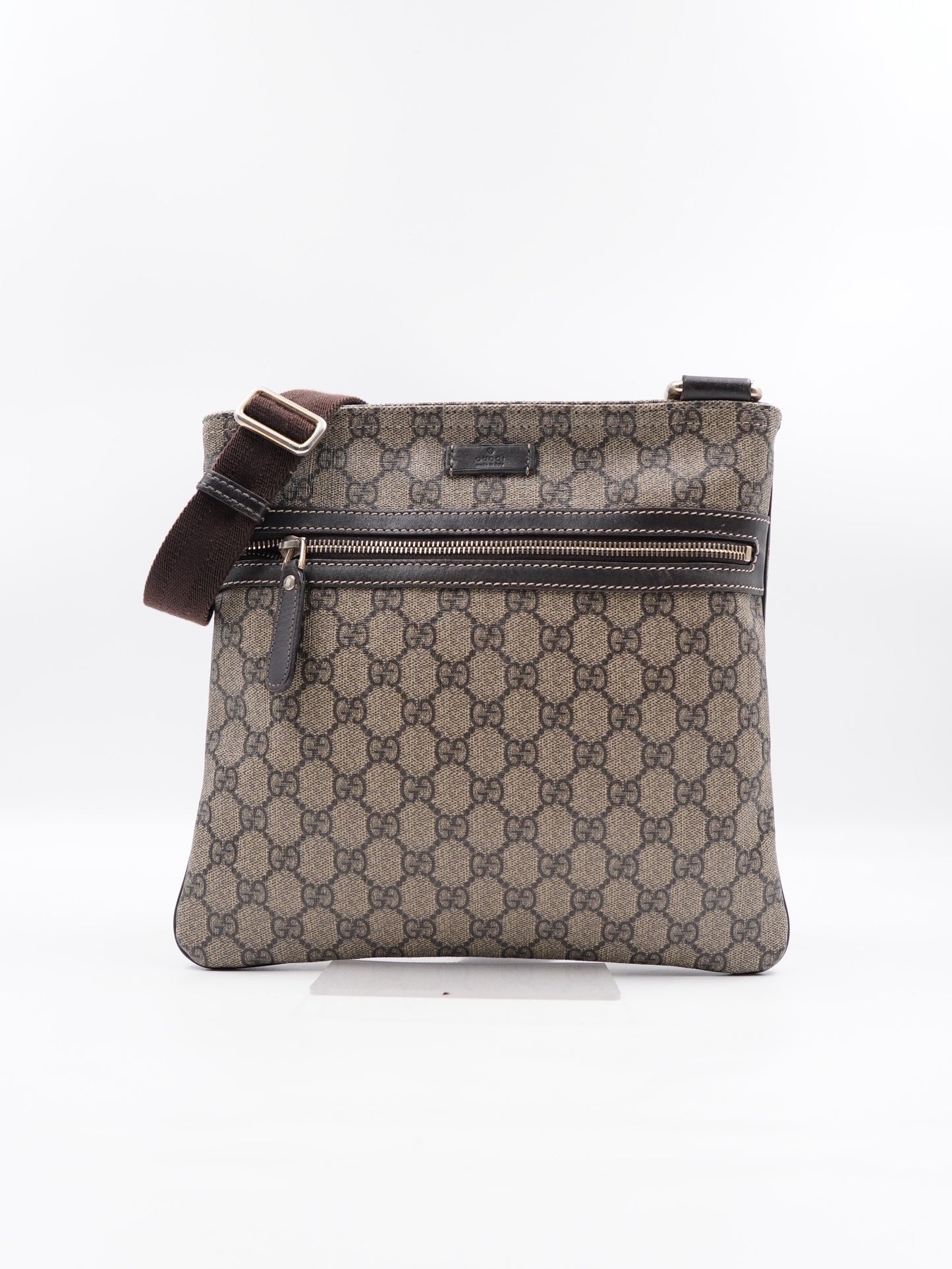 Gucci Front Zip Flat Messenger Bag Coated Canvas Medium