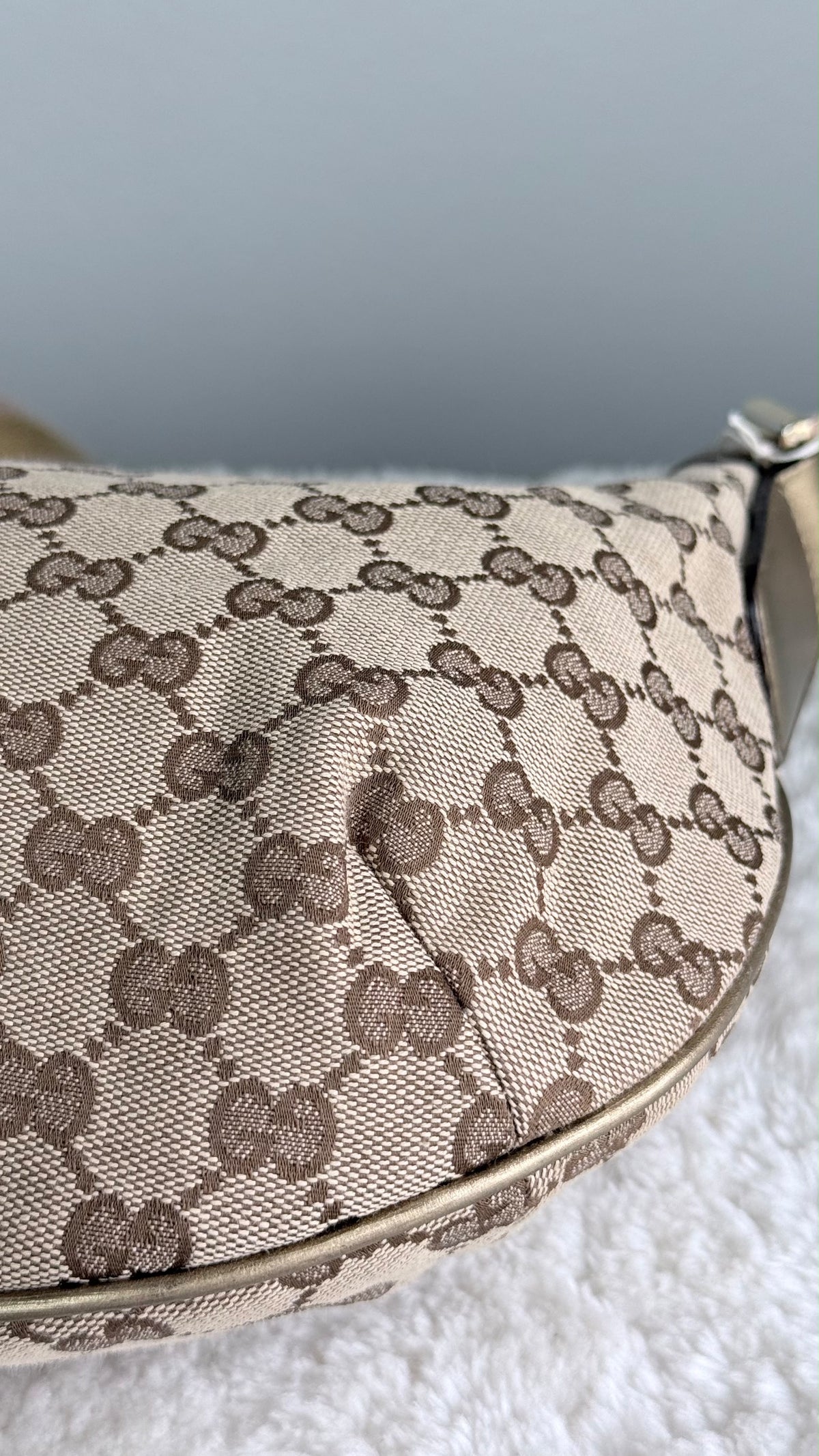 GUCCI Web Halfmoon Hobo  GG Canvas Gold Metallic