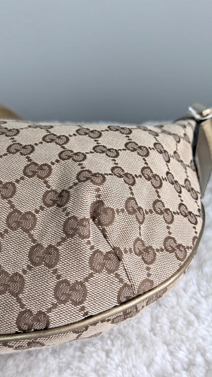 GUCCI Web Halfmoon Hobo  GG Canvas Gold Metallic