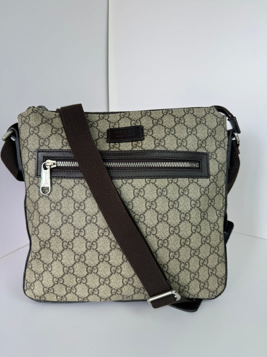 Gucci Front Zip Messenger Dark Brown GG Coated Canvas