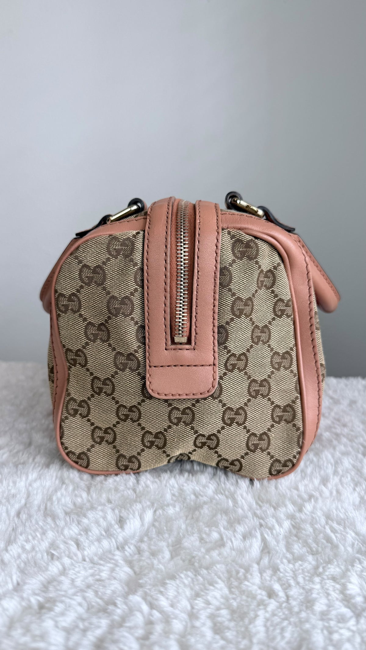 GUCCI Web Boston Small GG Canvas With Strap