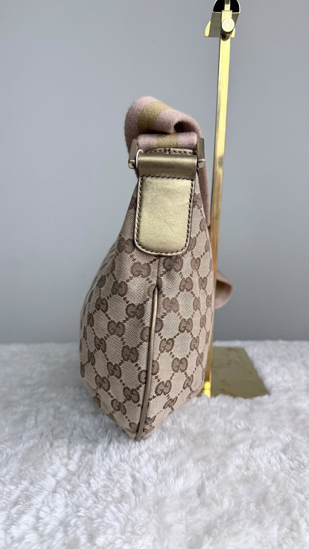GUCCI Web Halfmoon Hobo  GG Canvas Gold Metallic