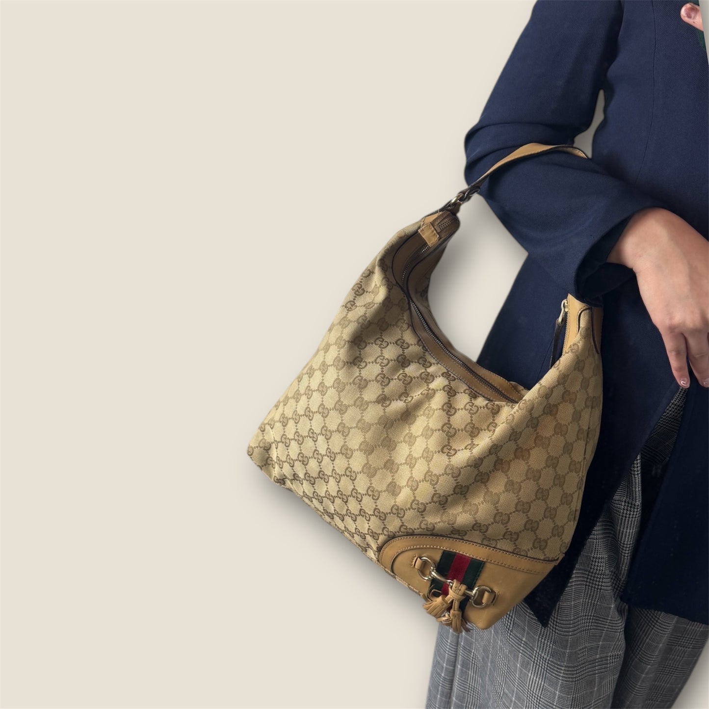 Gucci Beige GG Canvas Horsebit Tassel Hobo
