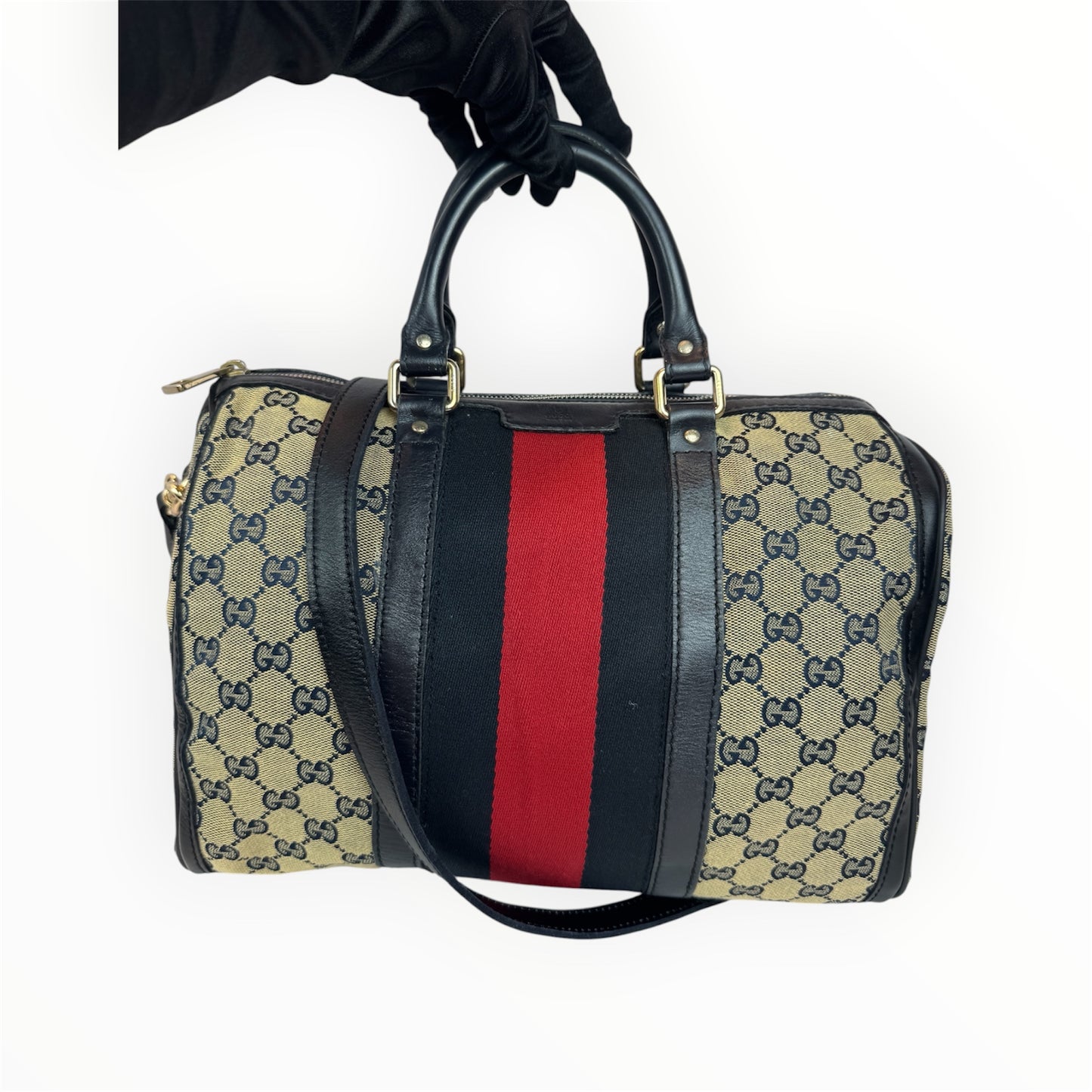GUCCI Web Boston Navy Blue GG Canvas with strap