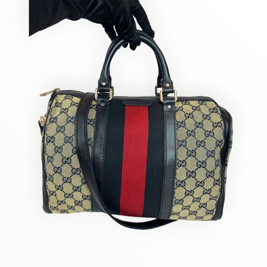 GUCCI Web Boston Navy Blue GG Canvas with strap