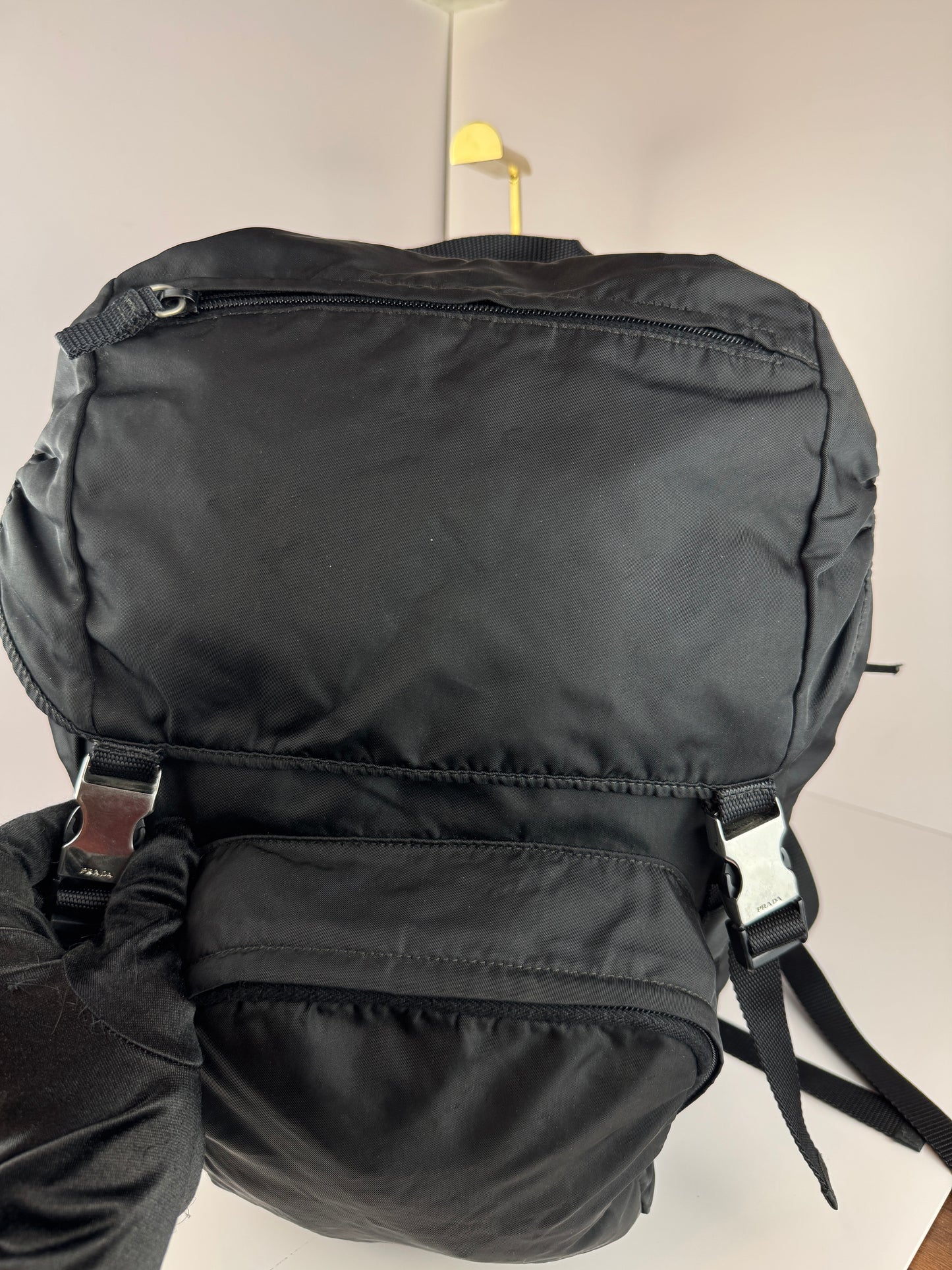 PRADA Tessuto Nylon Montagna Double Buckle Backpack Black