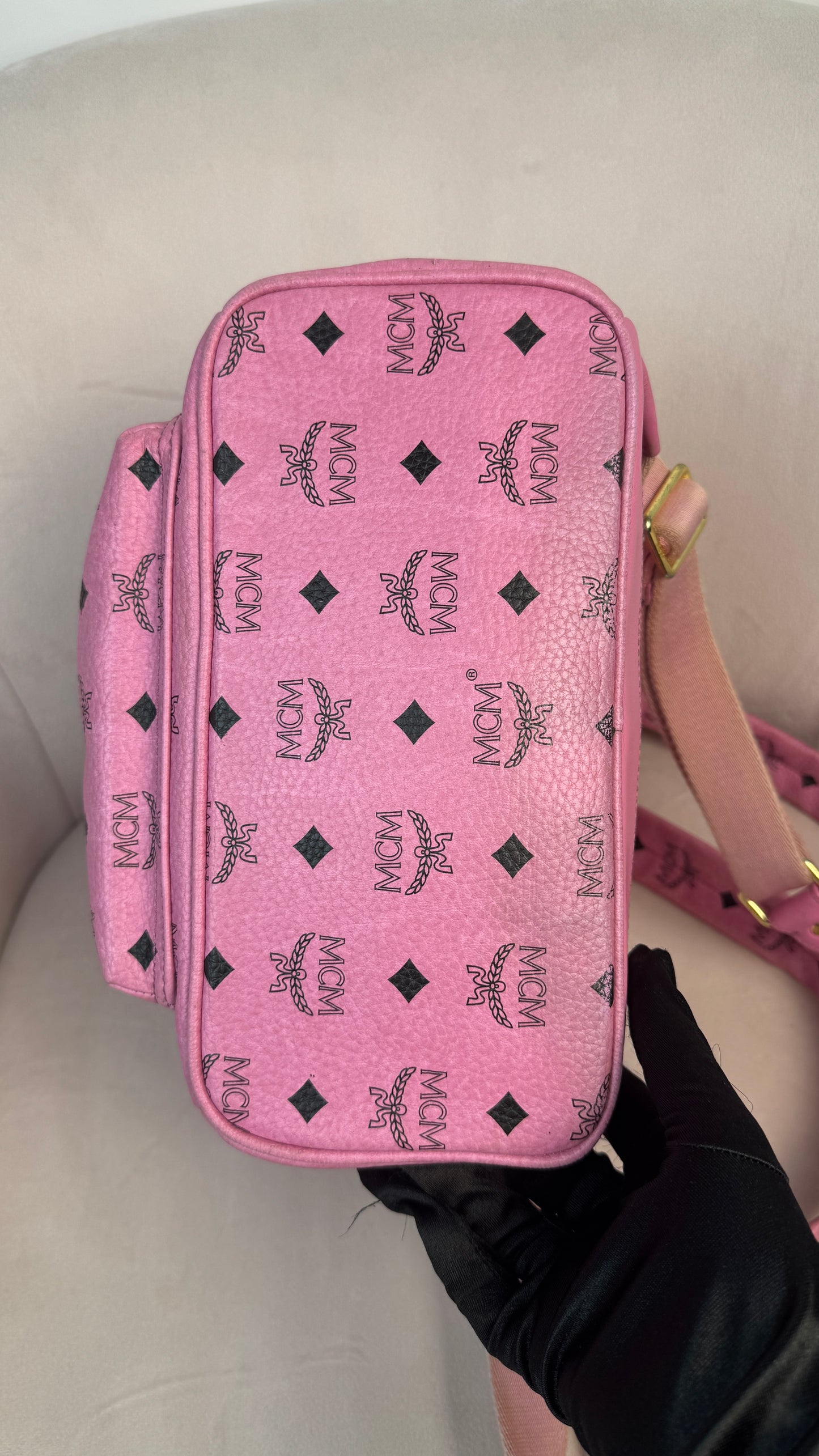 MCM Pink Visetos Stark backpack with gold-toned hardwar