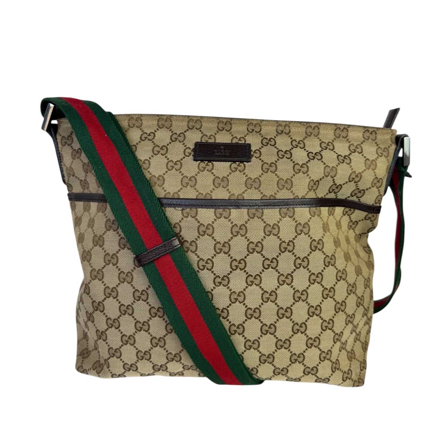 GUCCI Web Flat Messenger Green and Red Stripe Brown