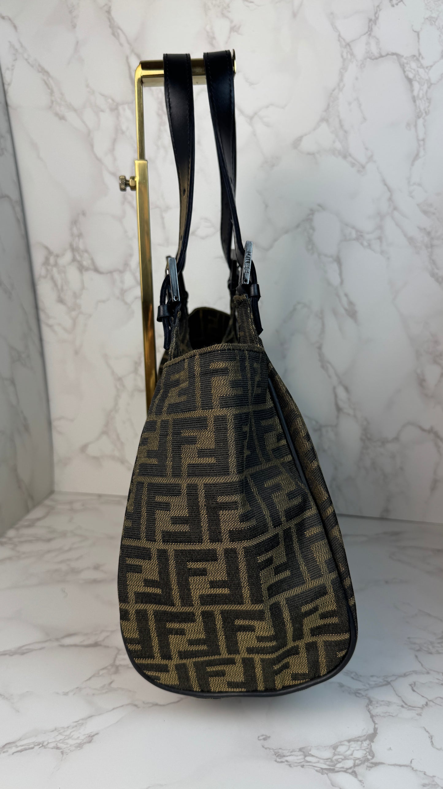 Fendi Zucca Canvas Leather Trim Tote Bag