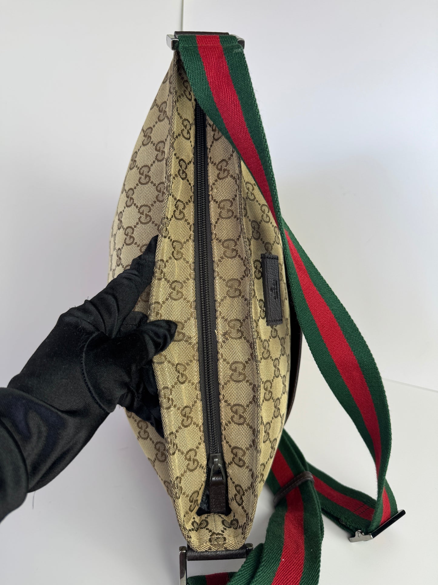 GUCCI Web Flat Messenger Green and Red Stripe Brown