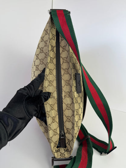 GUCCI Web Flat Messenger Green and Red Stripe Brown