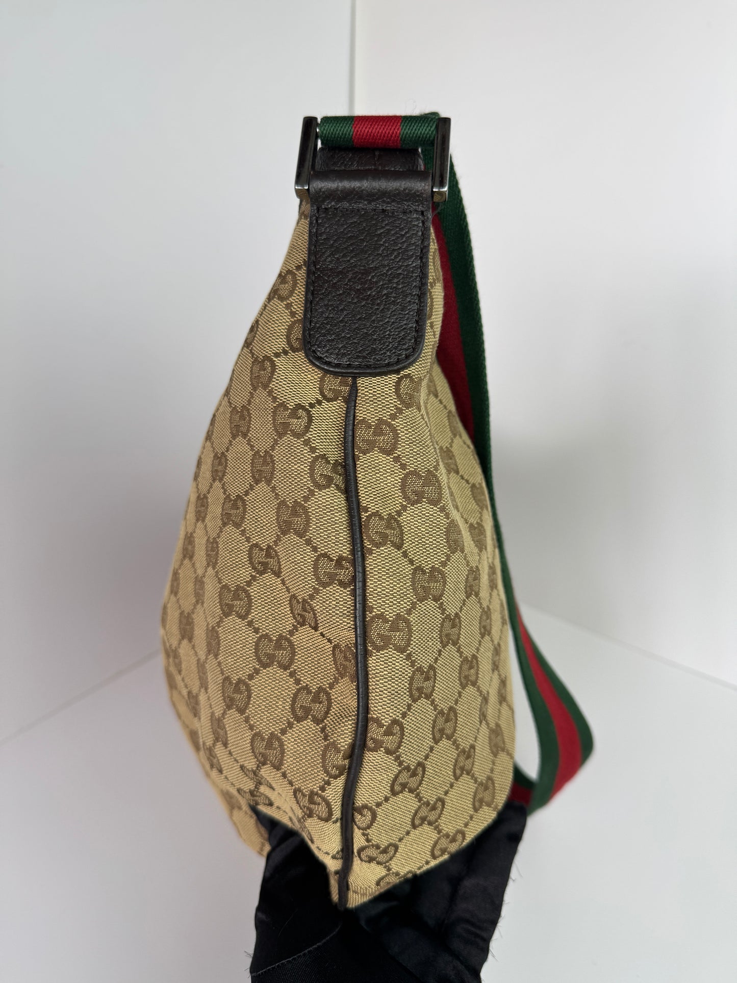 GUCCI Web Large Halfmoon Crossbody GG Canvas Brown