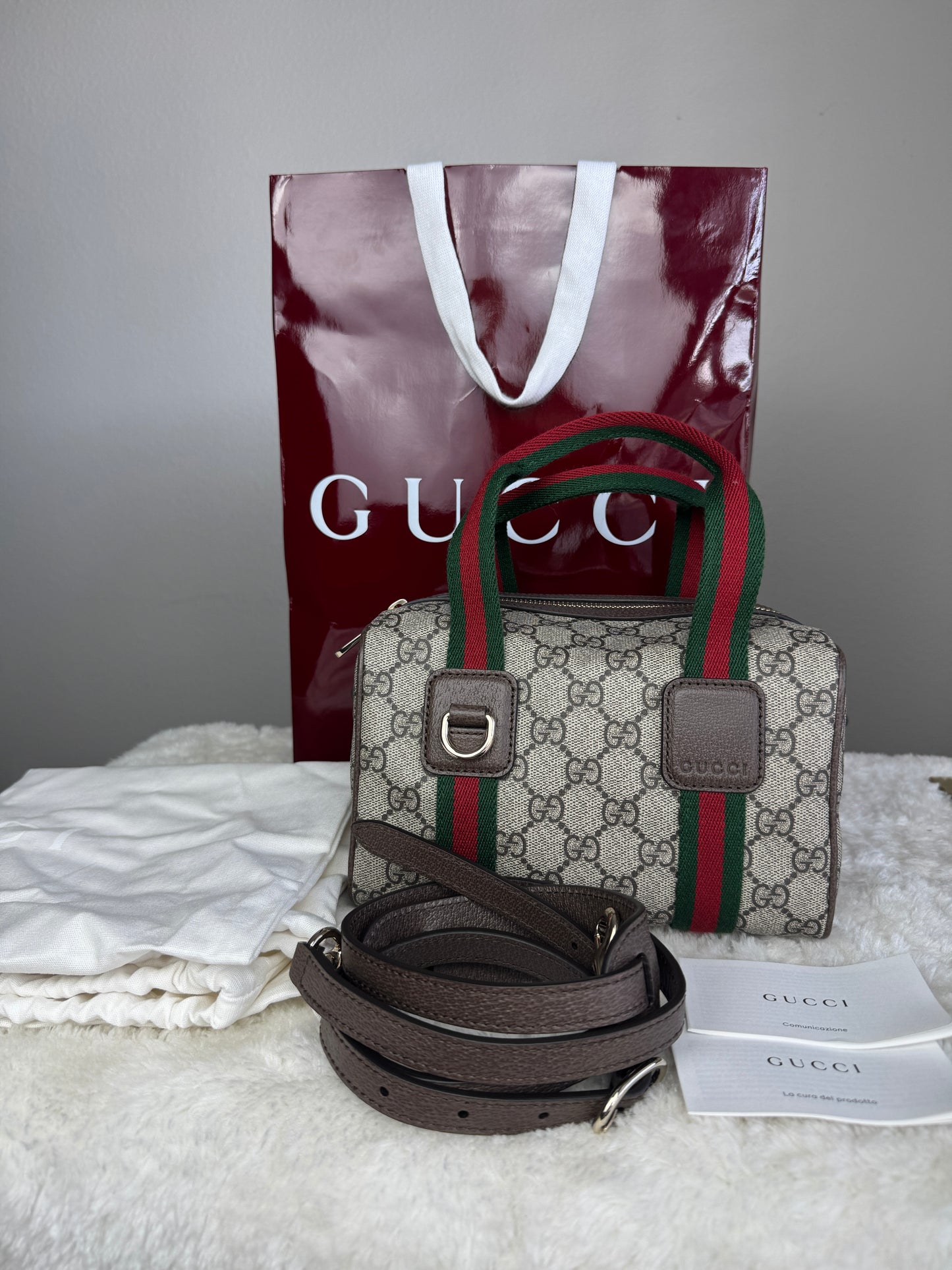 NEW GUCCI Web Boston GG Supreme Coated Canvas Brown