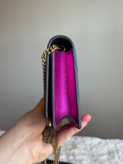 SAINT LAURENT Classic Monogram Tassel Chain wallet Leather pink metallic