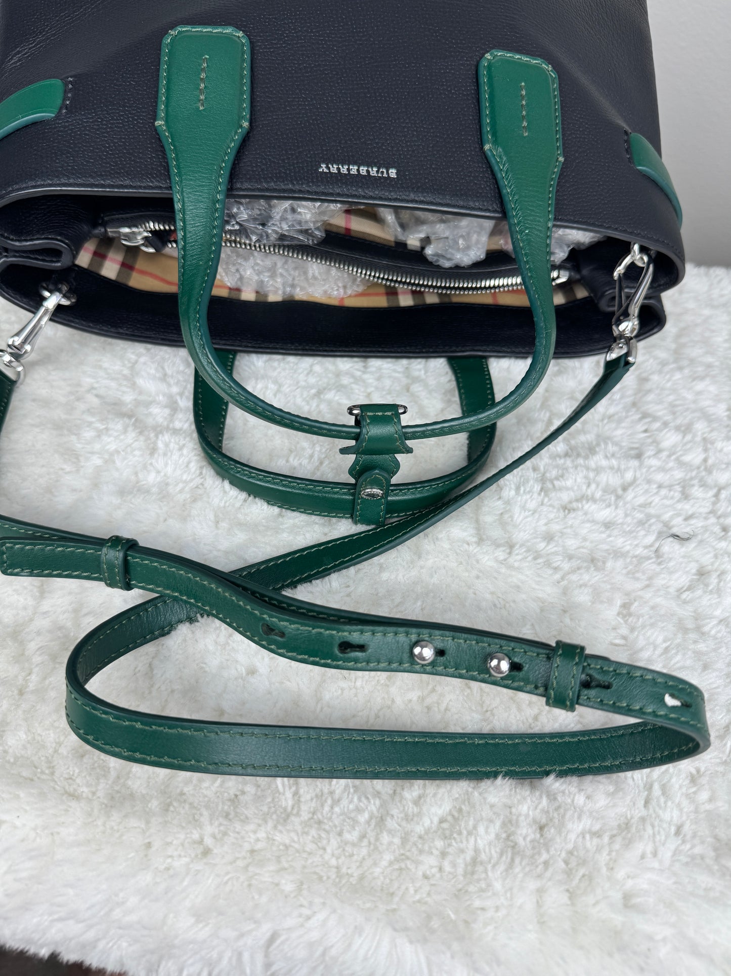 BURBERRY Derby Calfskin House Check Medium Banner Tote Black Sea Green