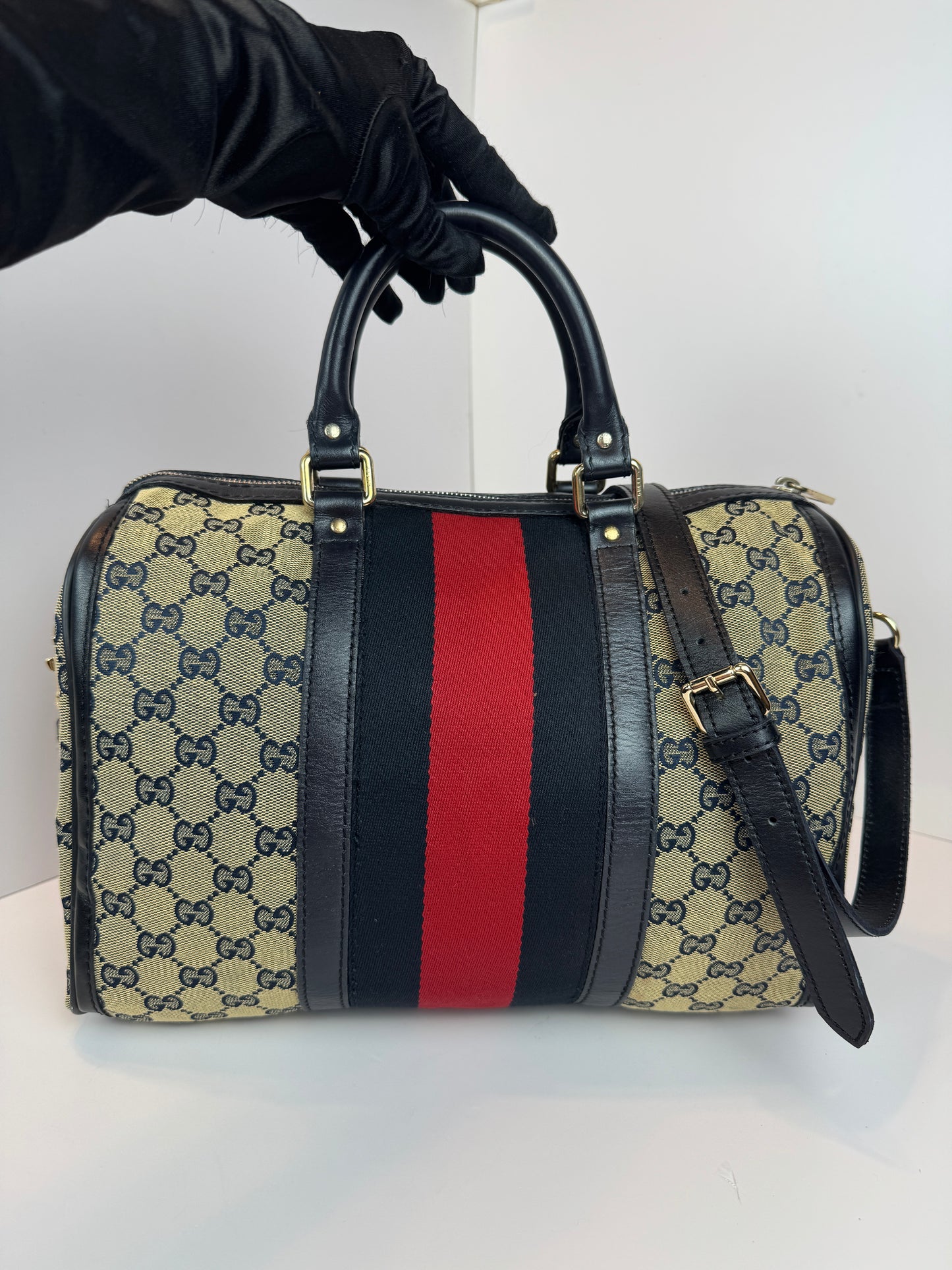 GUCCI Web Boston Navy Blue GG Canvas with strap