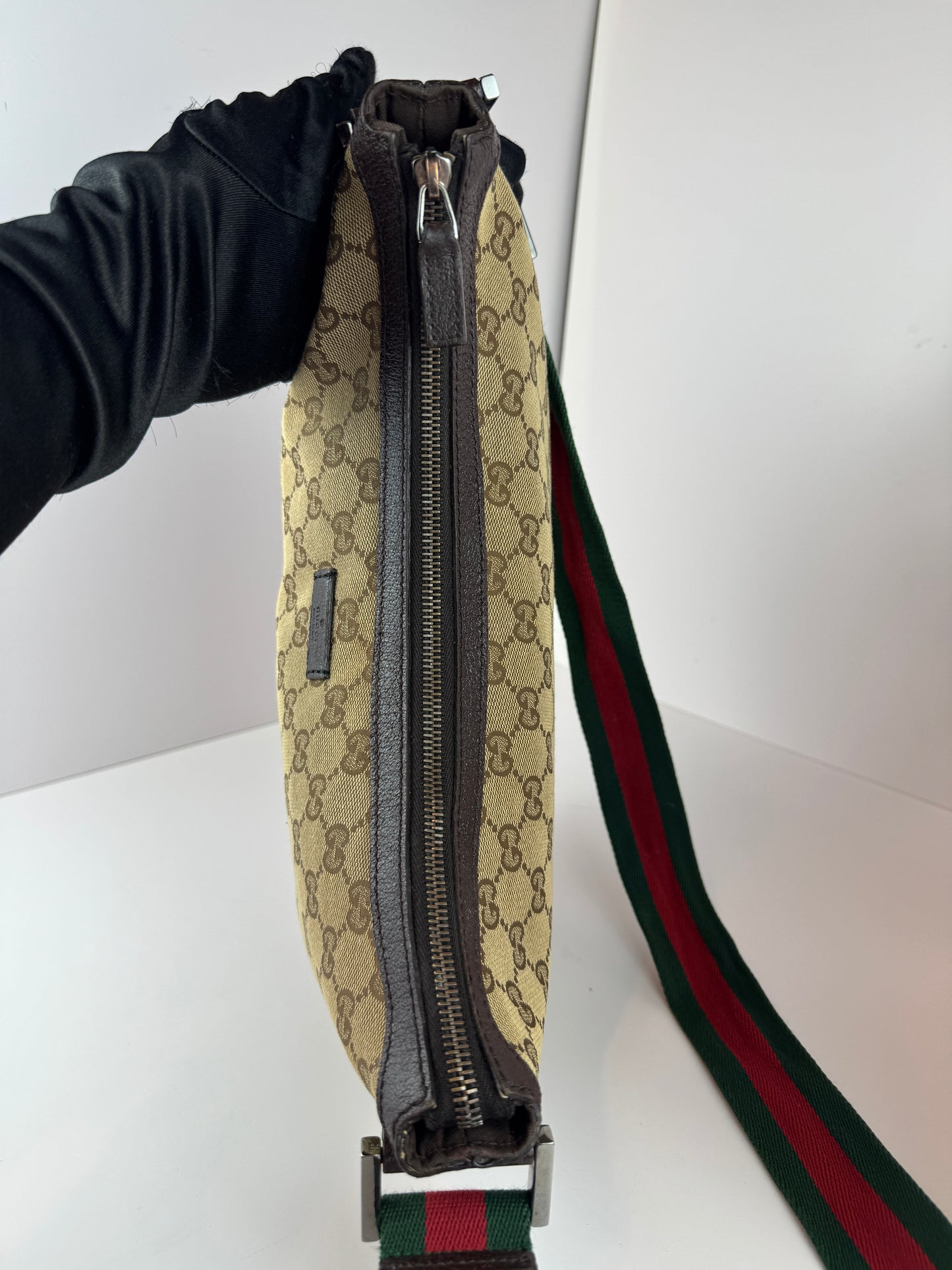 GUCCI Web Stripe Halfmoon GG Canvas Brown