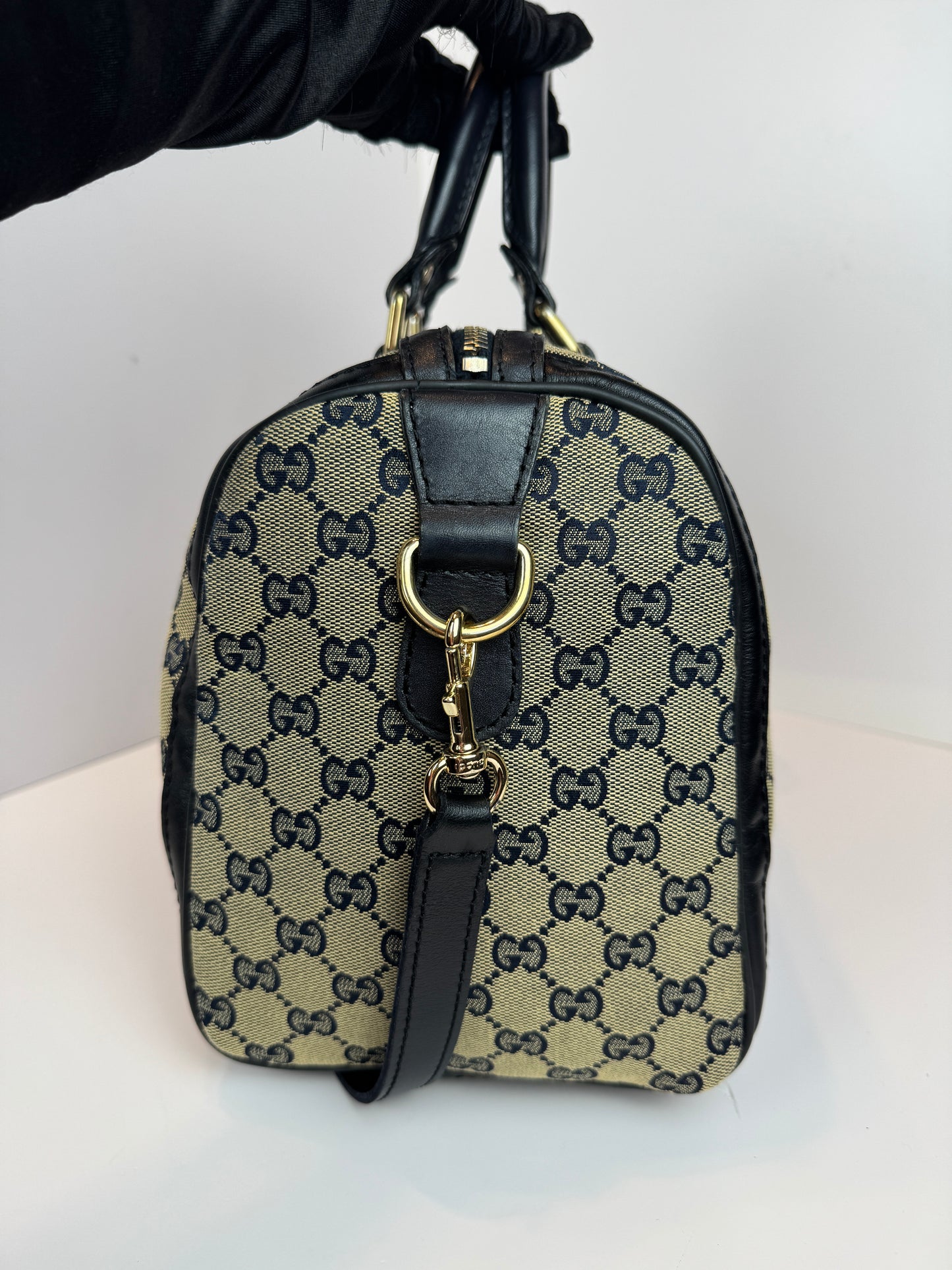 GUCCI Web Boston Navy Blue GG Canvas with strap