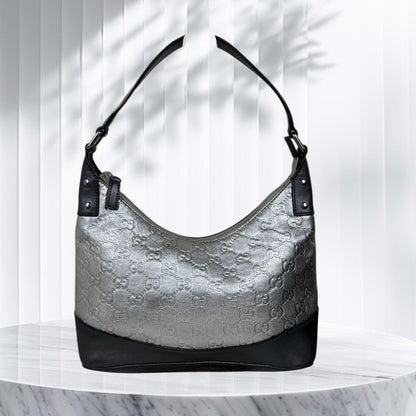 Gucci GG Leather Hobo Silver and Grey