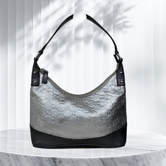 Gucci GG Leather Hobo Silver and Grey