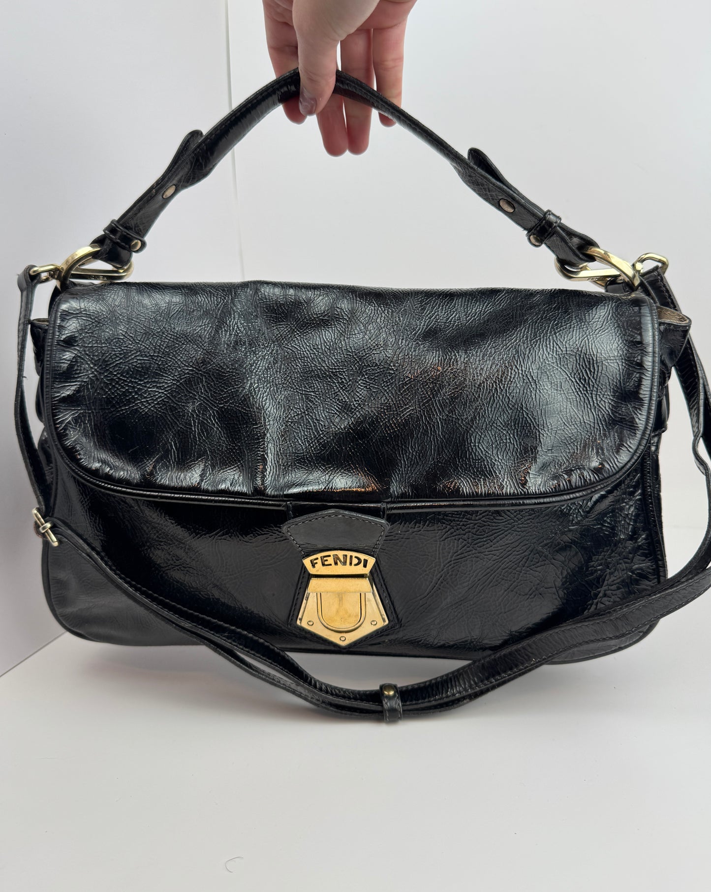 FENDI Patent Fly Shoulder Bag Black