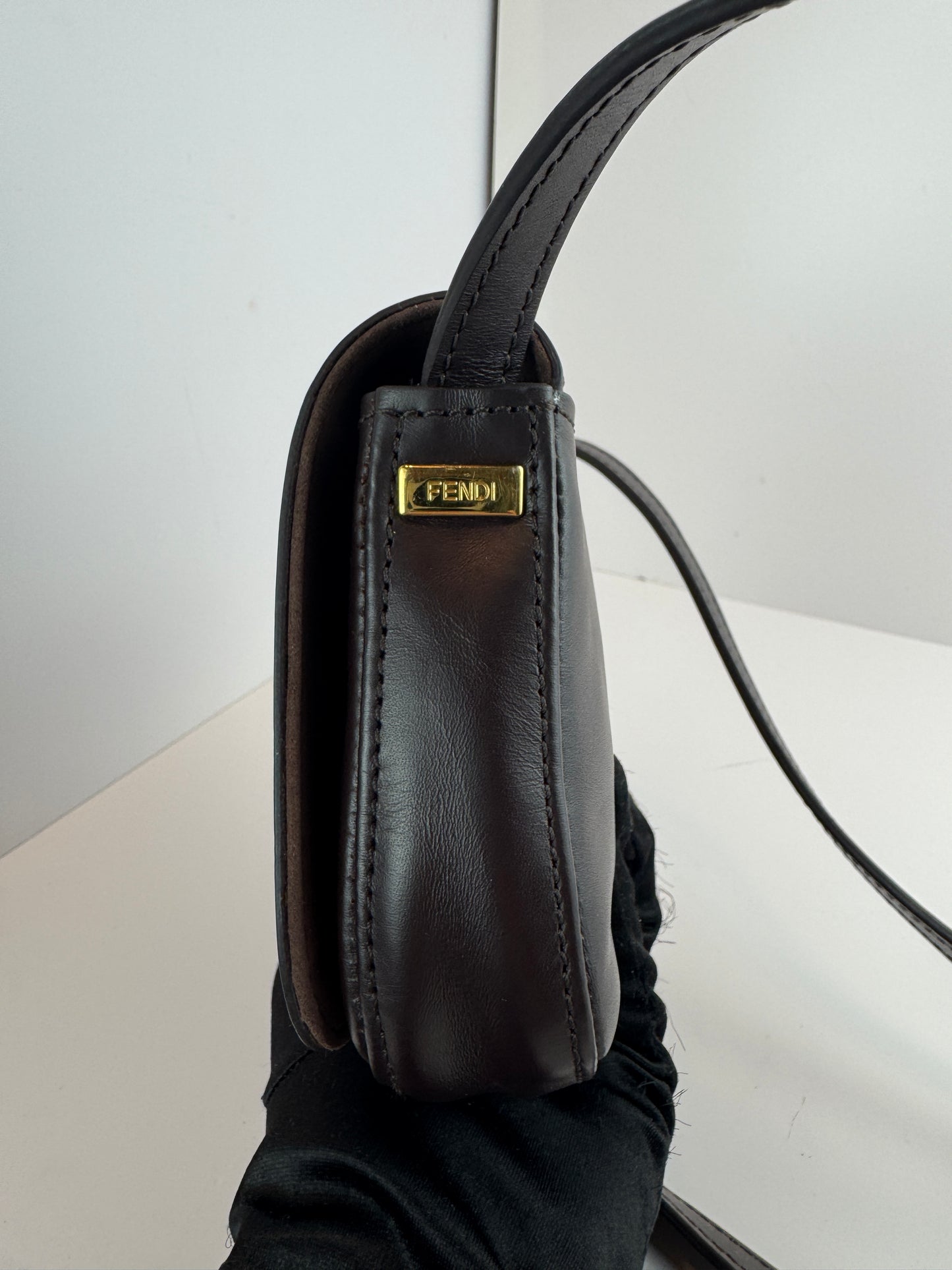 Fendi Vitello Elite Small Chameleon Crossbody Dark Brown