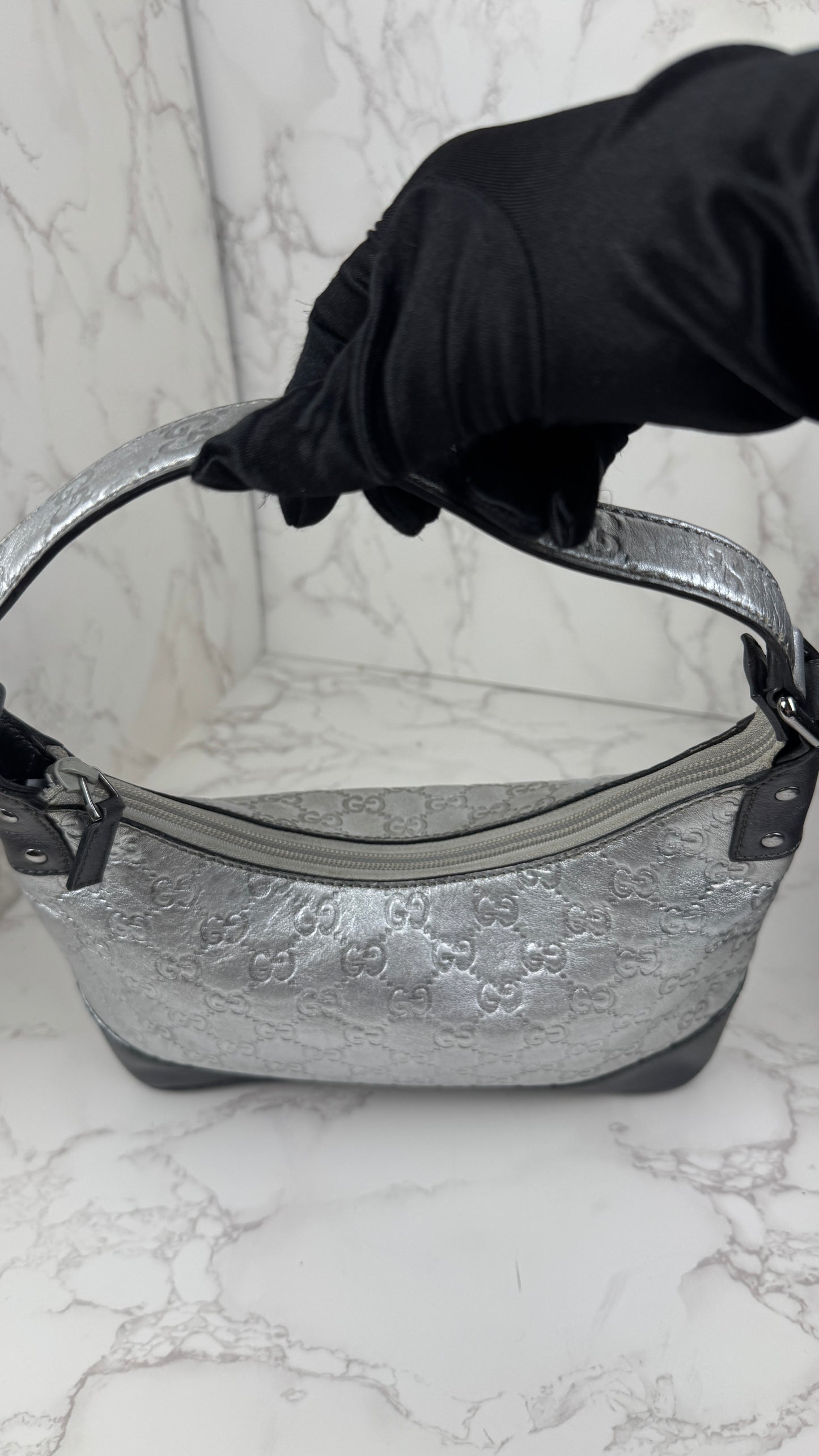Gucci GG Leather Hobo Silver and Grey