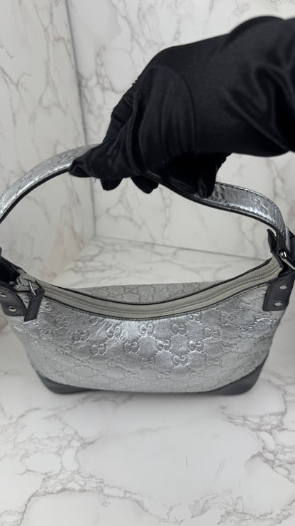 Gucci GG Leather Hobo Silver and Grey