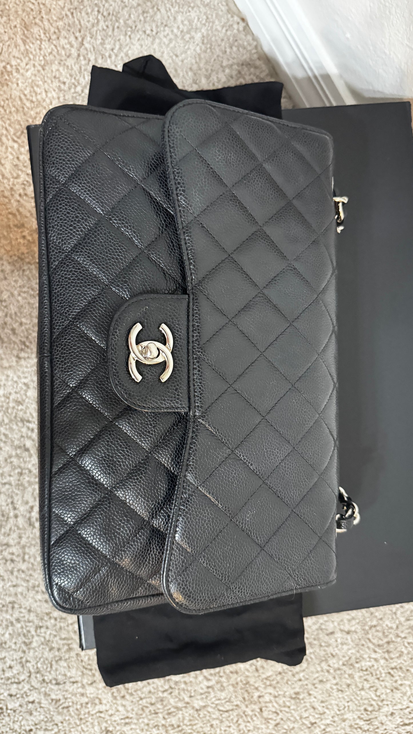 Chanel Classic Double Flap Jumbo Caviar Silver hardware Black